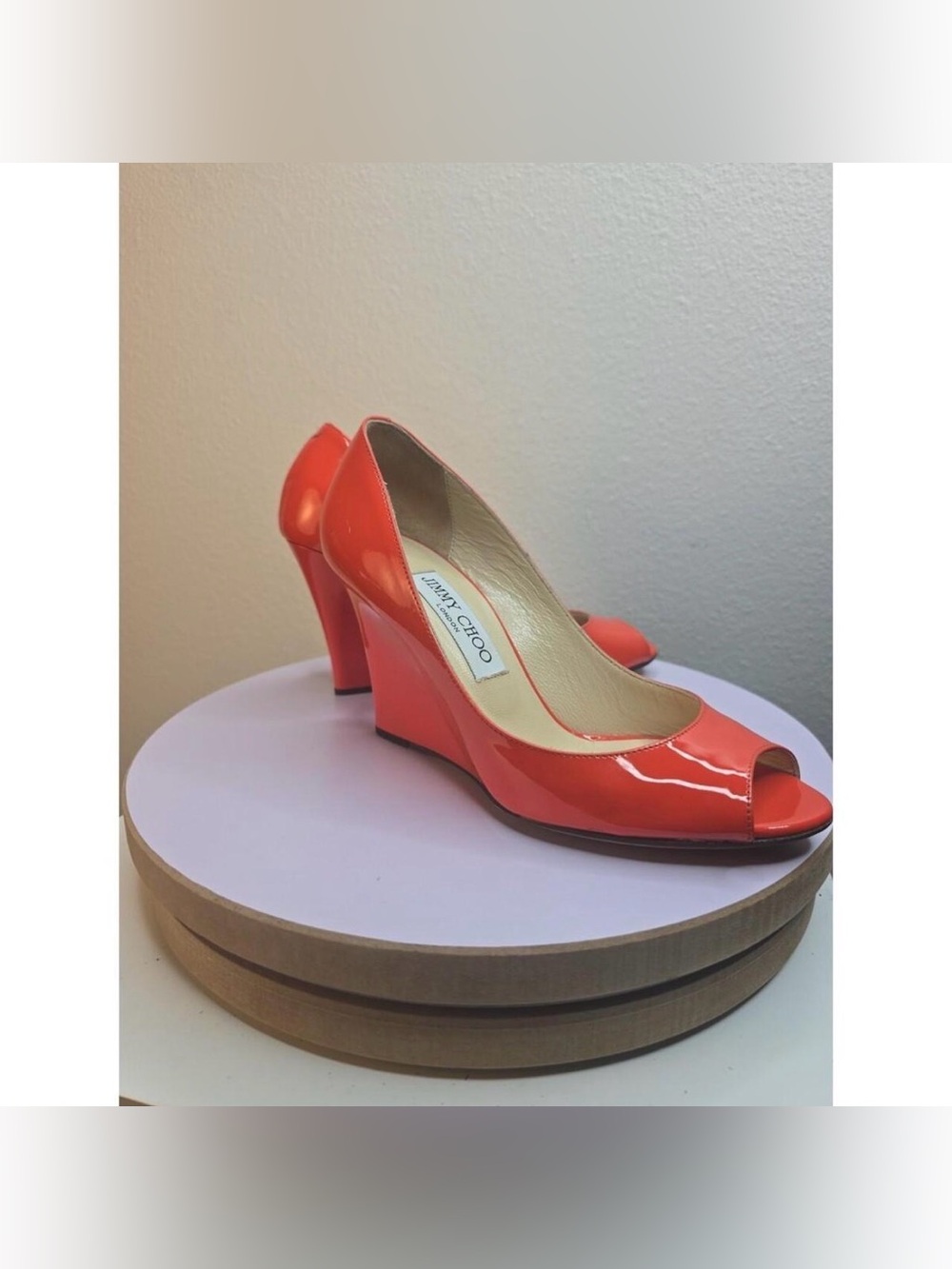 ISO DO NOT BUY Jimmy Choo Coral-Orange Patent Peep-Toe Wedge Heels